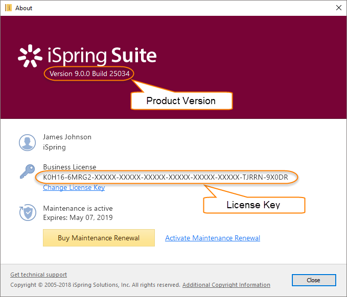 Where can I get the version number and license key for my iSpring Suite?